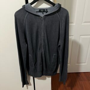 Theory Men's Charcoal Zip-Up Ribbed Hoodie Sweater